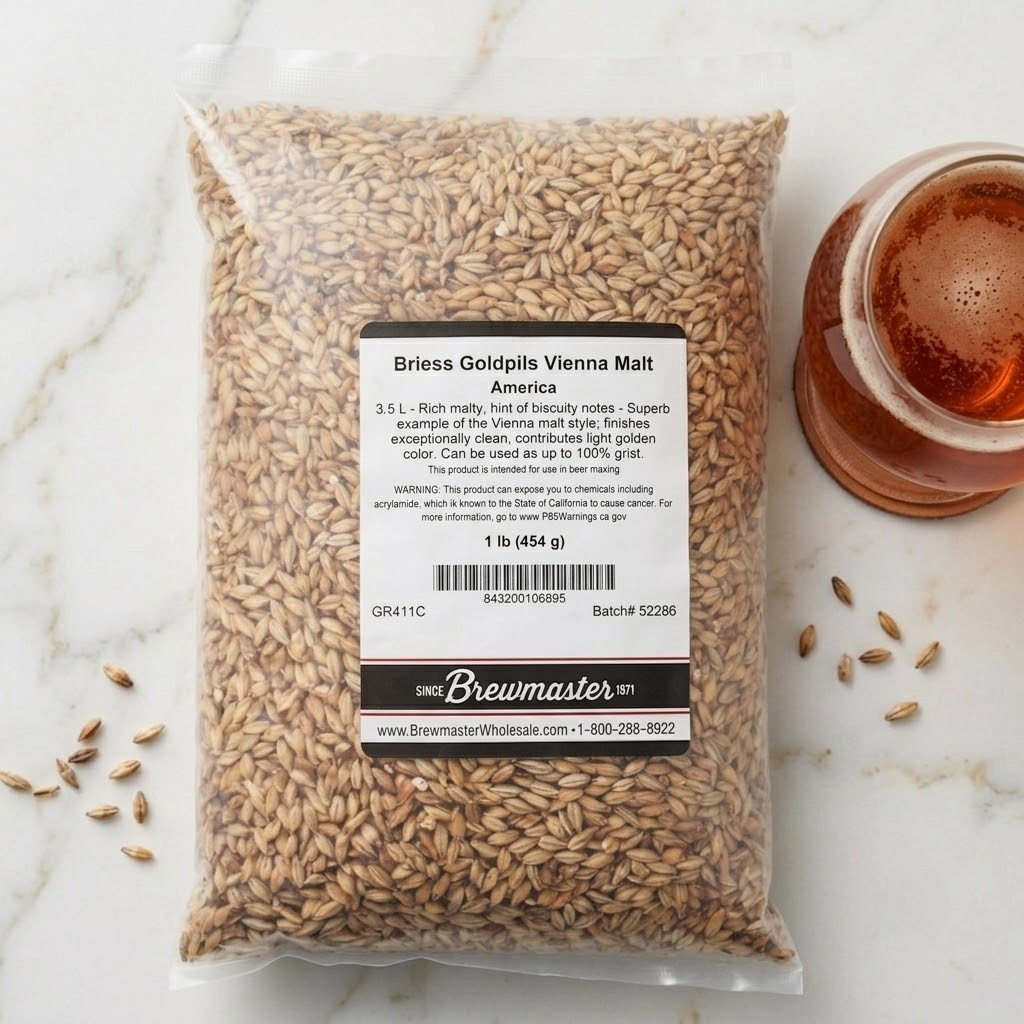 The same bag of malt photographed on a marble counter beside a poured glass of amber beer, with loose grain scattered across the surface.