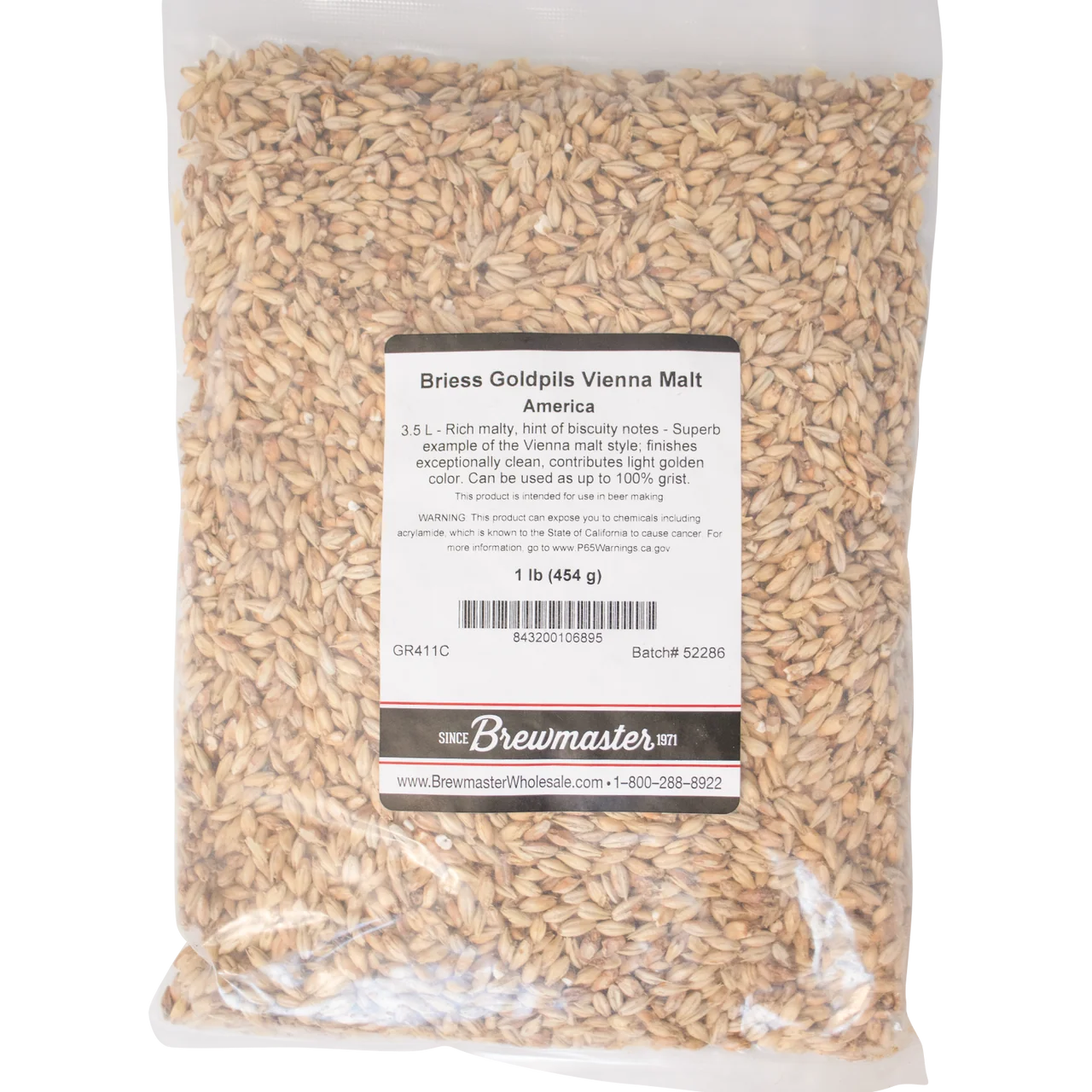 Catalog photograph of a one-pound bag of Briess Goldpils Vienna malt on a plain white background.